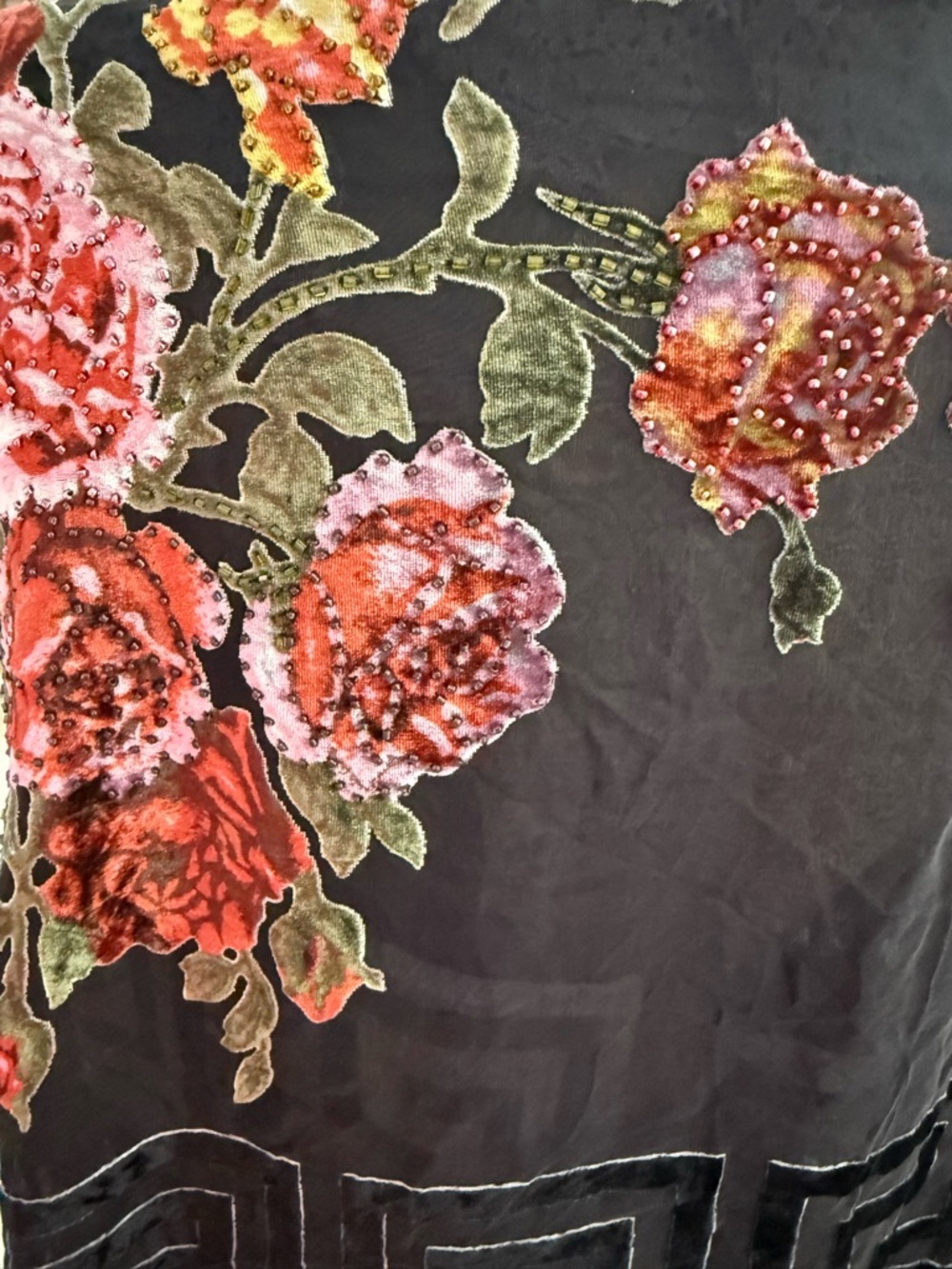 EUC Semi-Sheer Shawl with Velvet Design & Beading, 40”x40” - Picture 5 of 7